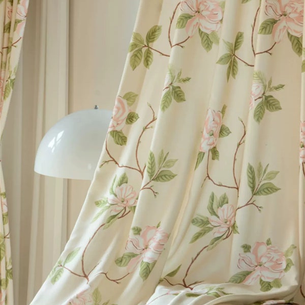 Retro Flowers Leaves Beige Curtains Farmhouse Cutains Custom Curtains Living room Curtains Bedroom Curtains Handmade Balcony Curtains