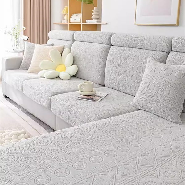 Bohemian Grey Full Elastic Sofa covers Stretchy Chaise Cushion Cover Fitted Sofa cover Chenille Sofa Cover Sofa Protector Non-Slip Slipcover