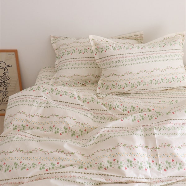 Housse de couette florale verte Housse de couette 100 % coton Ensemble de literie fait à la main Housse de couette douce pour la peau Ensemble de literie bohème double/complet Taies d'oreiller