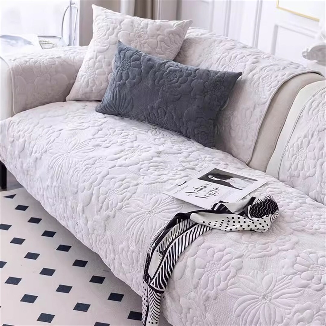 Retro Beige Thick Sofa Cover Flower Separated Sofa Cover Chenille Sofa