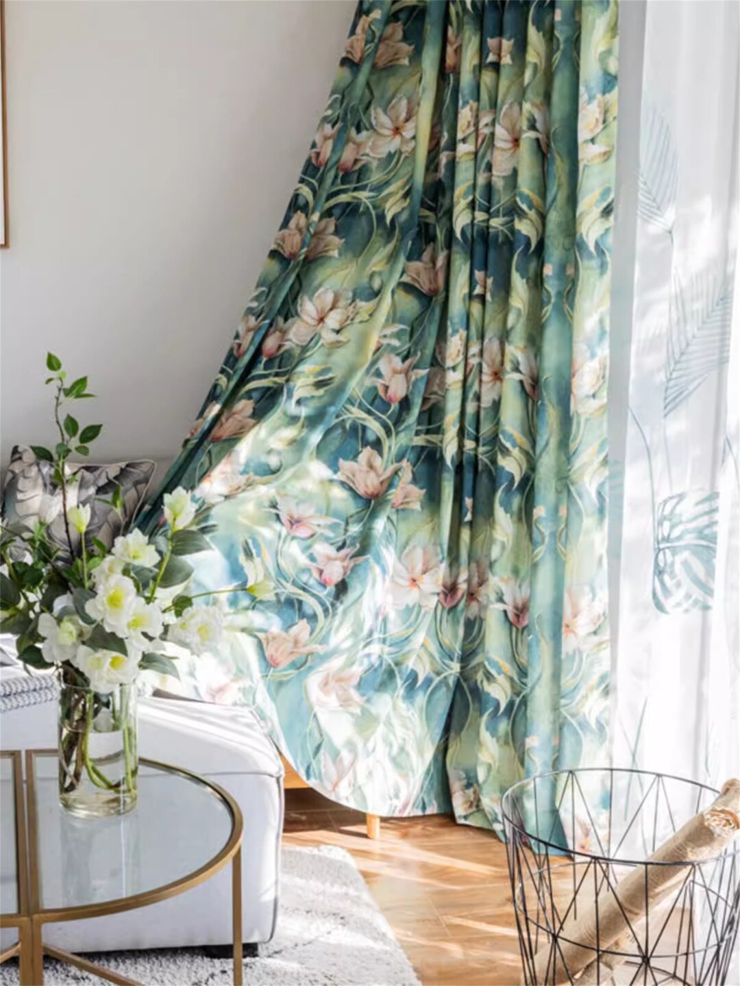 Lily Flower Patterns Green Curtains Retro Curtains Vintage Living Room
