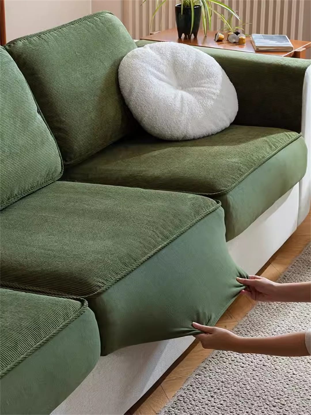 Green Chenille Fitted Sofa Cover Stretchy Cushion Cover Beige Fitted