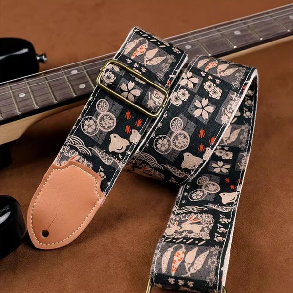 Black Animals Guitar Strap Handmade Guitar Strap Electric Guitar Strap Player Gift Adjustable Bass Strap Gift For Her Flamenco Guitar Strap