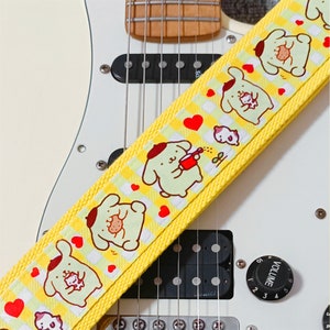Cute Dogs Pattern Yellow Guitar Strap Handmade Guitar Strap Electric Guitar Strap Guitar Player Gift Adjustable Bass Strap Gift For Her zdjęcie 3