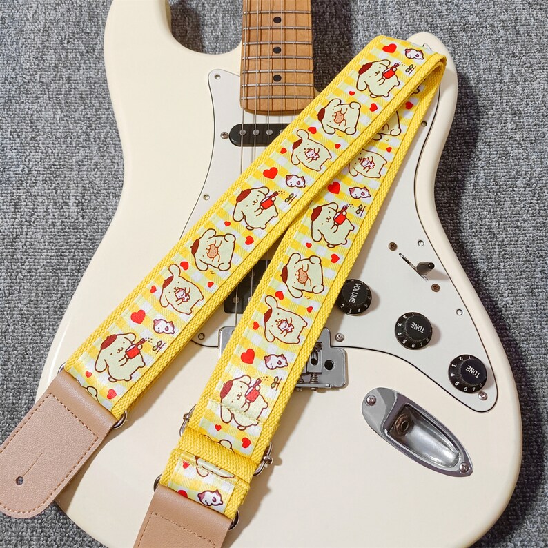 Cute Dogs Pattern Yellow Guitar Strap Handmade Guitar Strap Electric Guitar Strap Guitar Player Gift Adjustable Bass Strap Gift For Her zdjęcie 1