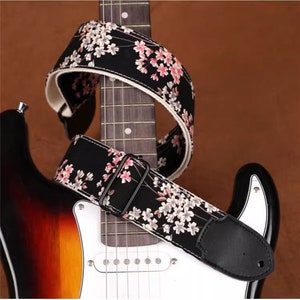 Pink Flowers Black Guitar Strap Handmade Guitar Strap Electric Guitar Strap Guitar Player Gift Adjustable Bass Strap Gifts For Her Bild 1