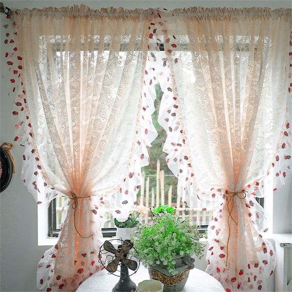 Strawberry Sequined Ruffled Curtains Vintage Farmhouse Style Shabby Chic Curtains Rustic Curtains with Ruffles Boho Home Decoration Curtain