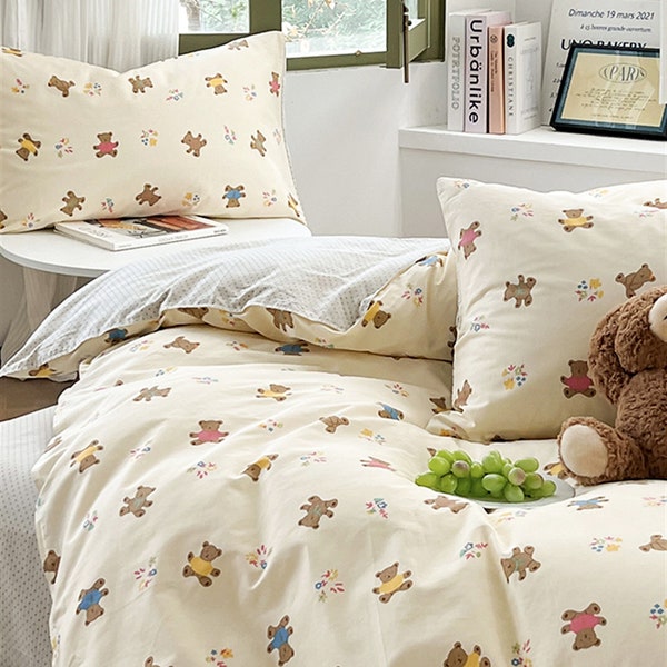 Housse de couette à motifs d'ours mignons Housse de couette en coton beige Ensemble de literie fait à la main Housse de couette douce pour la peau Twin/Full/Queen/King Literie pour enfants