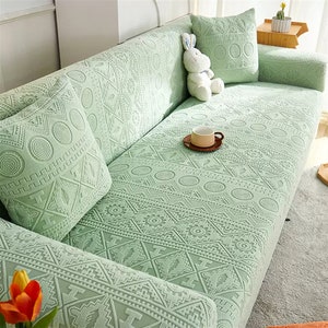 Green Bohemian Sofa cover Beige Stretchy Cushion Cover Green Fitted Sofa cover Chenille Sofa Cover Pets Sofa Protector Non-Slip Slipcover