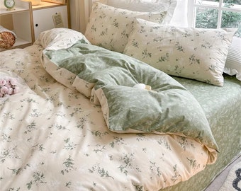 Housse de couette florale verte Ensemble de literie en coton fait à la main Housse de couette douce pour la peau Taie d'oreiller Twin/Full/Queen/King Orange Boho Housses de couette