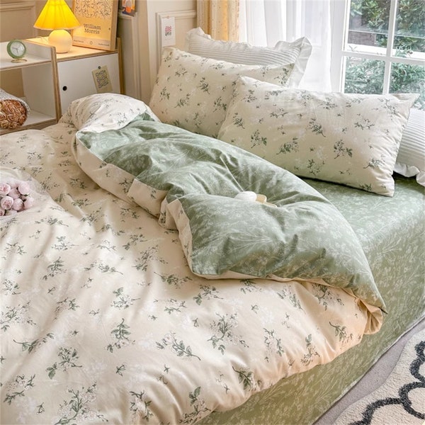 Green Floral Duvet Cover Cotton Handmade Bedding Set Skin-friendly Duvet Cover Pillowcase Twin/Full/Queen/King Orange Boho Duvet Covers