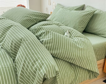 Green Striped Duvet cover Cotton Thick Winter Duvet Cover Cotton Handmade Bedding Skin-friendly Duvet Cover Twin/Full/Queen/King Pillowcase