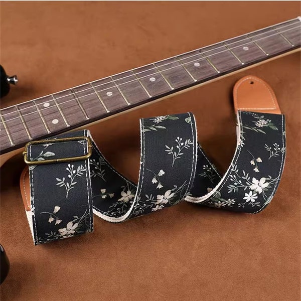 Black Flowers Guitar Strap Handmade Guitar Strap Electric Guitar Strap Player Gift Adjustable Bass Strap Gift For Her Flamenco Guitar Strap