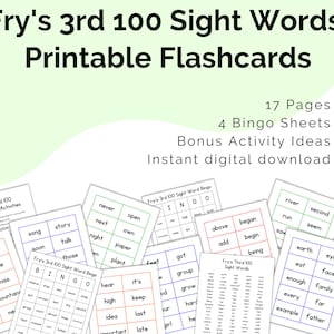 May include: A set of printable flashcards featuring Fry's 3rd 100 sight words. The flashcards are organized into different categories, such as "BINGO" and "Sight Words". The image also includes a title card that says "Fry's 3rd 100 Sight Words Printable Flashcards".