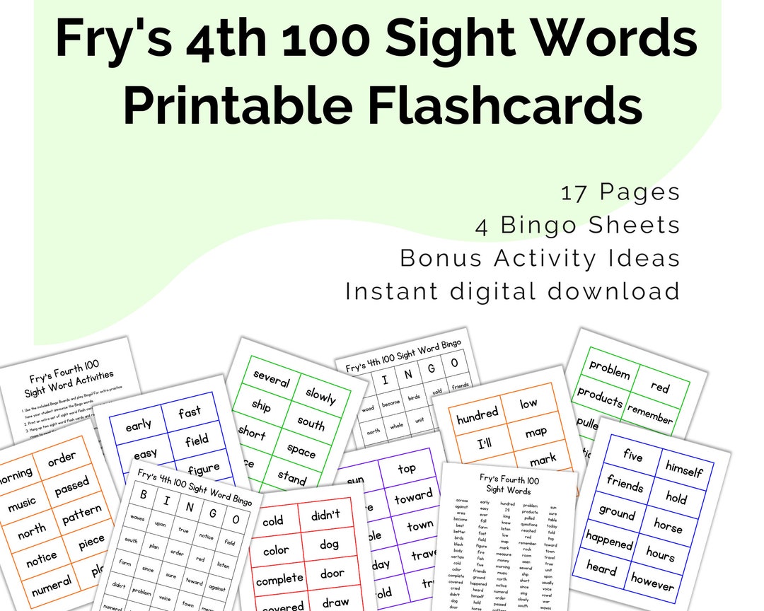 Fry's Fourth 100 Sight Words Flash Cards Printable Digital Download ...