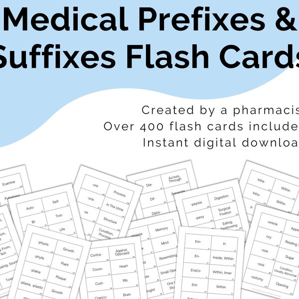 Medical Prefixes & Suffixes Flash Cards Printable Digital Download, Medical Terminology, Nursing Exam Study Guide, Med School Test Prep Aid