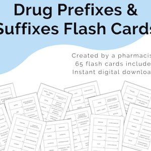 Prefijos y sufijos de medicamentos Tarjetas flash Descarga digital imprimible, Términos de farmacología, Guía de estudio de exámenes de enfermería, Preparación para exámenes de técnico de farmacia