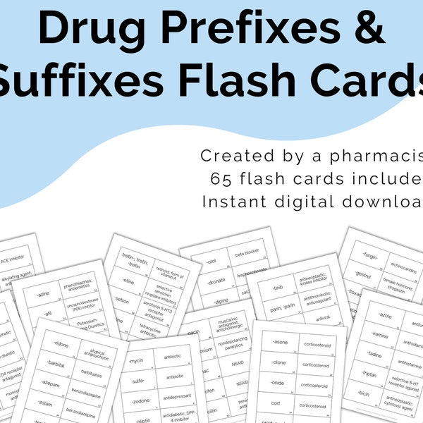 Drug Prefixes & Suffixes Flash Cards Printable Digital Download, Pharmacology Terms, Nursing Exam Study Guide, Pharmacy Technician Test Prep