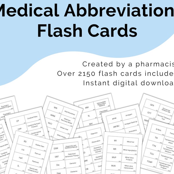 Medical Abbreviation Printable Flashcards, Digital Download Study Guide for Nursing, Physician Assistant, Nurse Practitioner, Coding Student