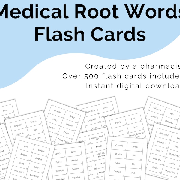 Medical Root Words Flash Cards Printable Digital Download, Medical Terminology, Nursing Exam Study Guide, Med School Test Prep Cheat Sheet