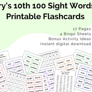 Fry&#39;s Tenth 100 Sight Words Flash Cards Printable Digital Download | Homeschool Games for Learning to Read | Practice High Frequency Words