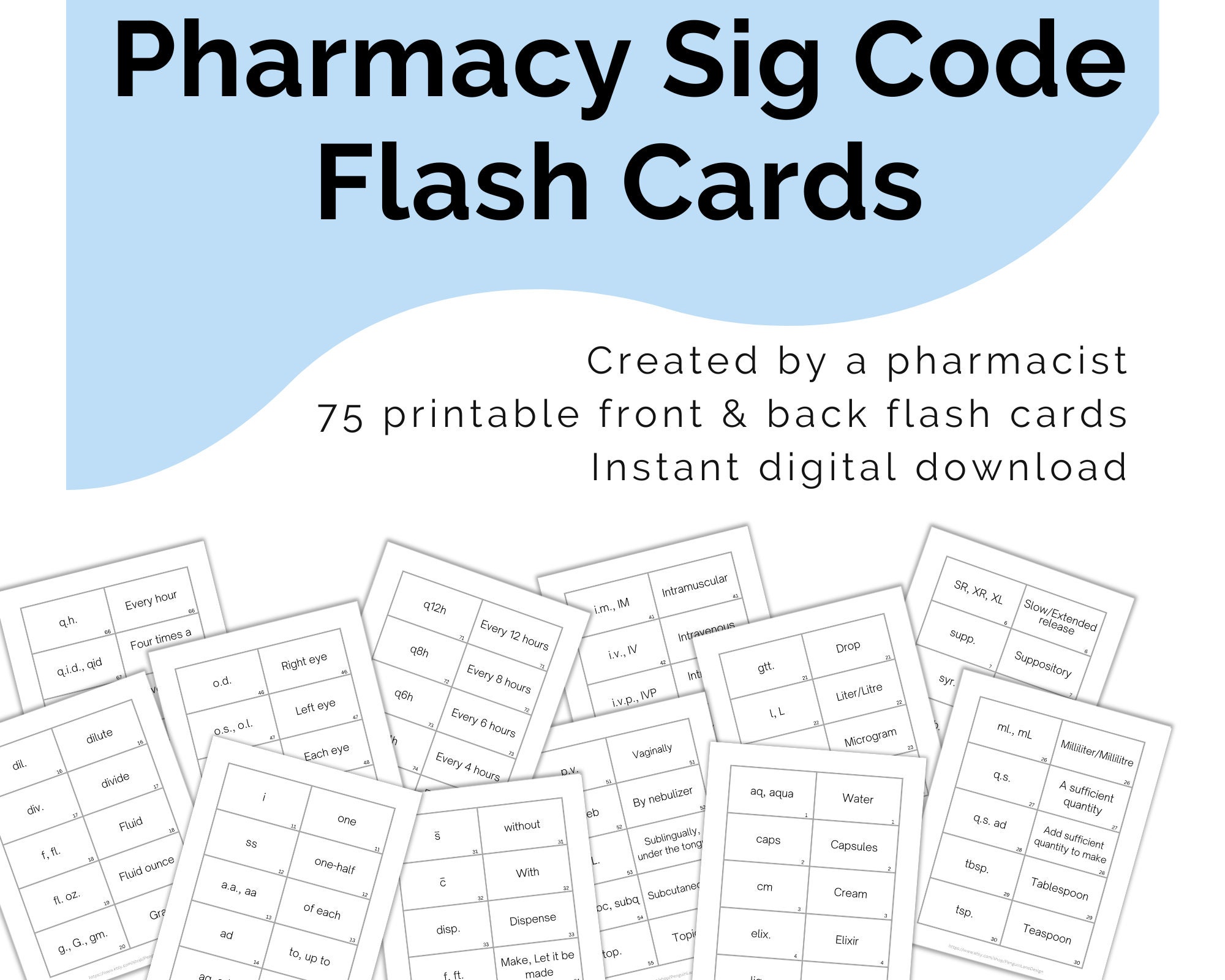 Medication Sig Code Flash Cards Printable Digital Download Pharmocology