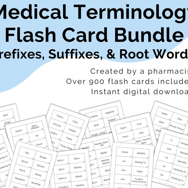 Medical Terminology Printable Digital Download Bundle, Root Words Prefixes & Suffixes Flash Cards, Nursing Study Guide, Med School Test Prep