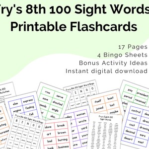 May include: A set of printable flashcards featuring Fry's 8th 100 sight words. The flashcards are organized into bingo cards with words like "express", "feeling", "fell", "row", "save", "seeds", "serve", "shouted", "single", "akin", "woman", "alone", "break", "it", "wrote", "art", "brown", "or", "yard", "bad", "burning", "jose", "you'r", "hank", "business", "re", "your", "pay", "president", "period", "received", "plain", "cool", "control", "design", "direct", "cost", "drawing", "decimal", "ears", "desert", "east".