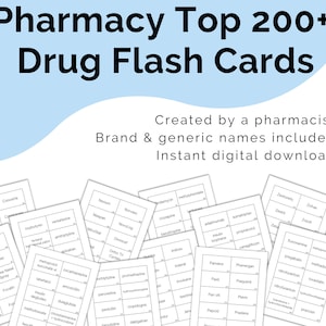 Descarga digital imprimible de las 200 mejores tarjetas flash de medicamentos / Nombres de medicamentos genéricos y de marca / Guía de estudio de enfermería / Preparación para exámenes de técnico de farmacia