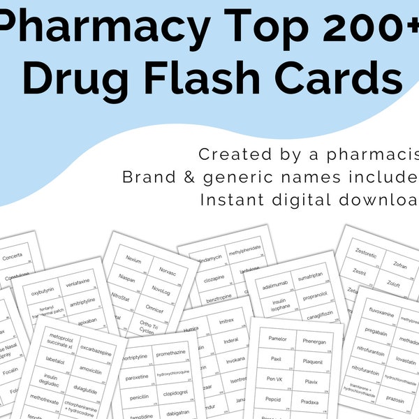 Top 200 Drugs Flash Cards Printable Digital Download | Brand & Generic Drug Names | Nursing Study Guide | Pharmacy Technician Test Prep