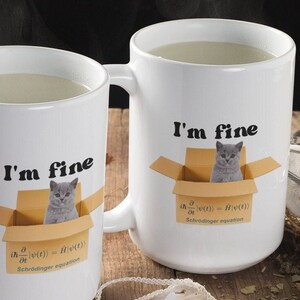 Könnte beinhalten: Zwei weiße Keramikbecher mit dem Text "I'm fine" und einer Karikatur einer Katze in einer Schachtel. Die Katze befindet sich in einer Schachtel mit einer physikalischen Gleichung an der Seite. Die Becher stehen auf einer Holzoberfläche mit Teeblättern und einem Teebeutel.