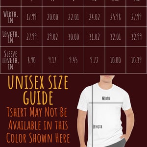 May include: A unisex size guide chart for a t-shirt featuring a dark brown background with white text. The table lists width, length, and sleeve length in inches for sizes S through 3XL. A white t-shirt graphic shows measurement lines for width and length.
