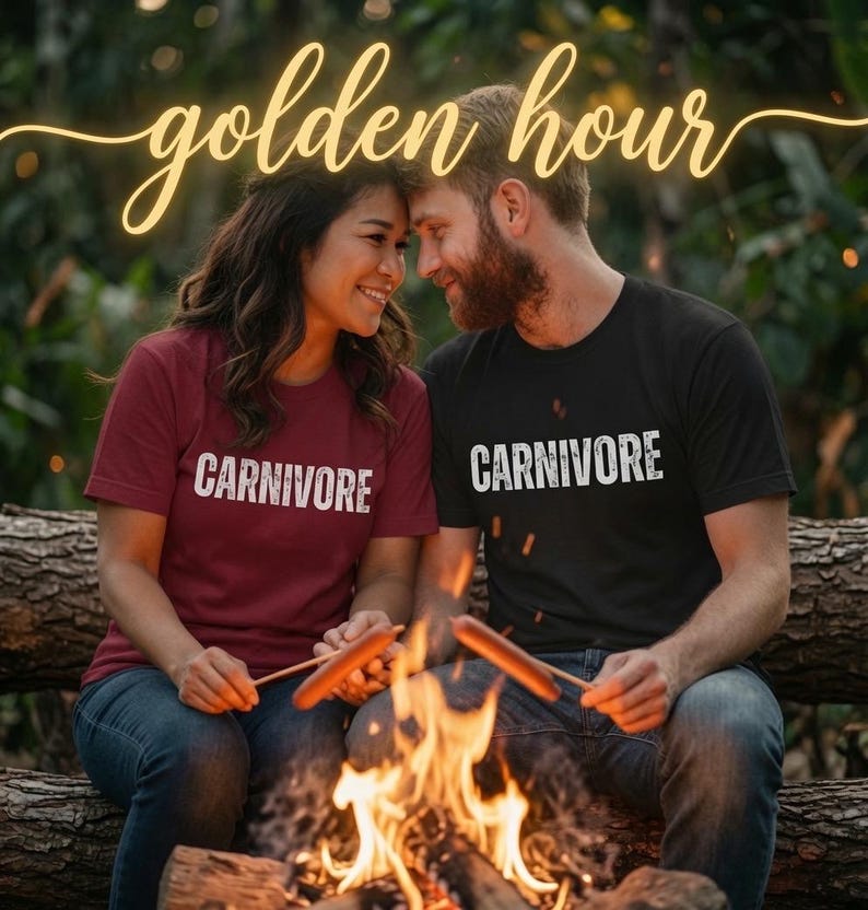 May include: A maroon t-shirt and a black t-shirt, each featuring the word CARNIVORE in white distressed lettering across the chest. The shirts are worn with blue denim jeans, and the text golden hour is displayed in a cursive yellow font above.