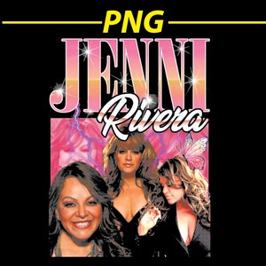 May include: A pink and purple graphic design with the text "JENNI Rivera" in a bold, white font. The design features three images of the singer, Jenni Rivera, with a butterfly and lightning bolts.