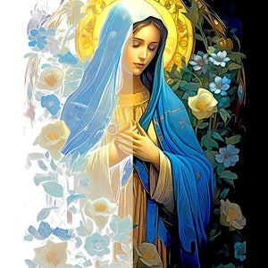 May include: A painting of a woman in a blue robe with a golden halo. She is surrounded by white and blue flowers. The background is split in half, with one side white and the other black.