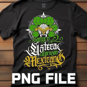 May include: Black t-shirt featuring a detailed graphic design. The design includes a stylized serpent head with green and gold accents, surrounded by green leaves. The text "Sangre Azteca Corazon Mexicano" is written in white and yellow script.