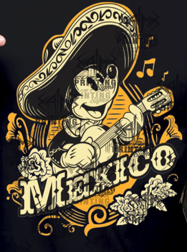 May include: Black graphic featuring a cartoon mouse in a sombrero playing a guitar, with the word "MEXICO" in a decorative font. The design includes musical notes and floral accents in yellow and white.