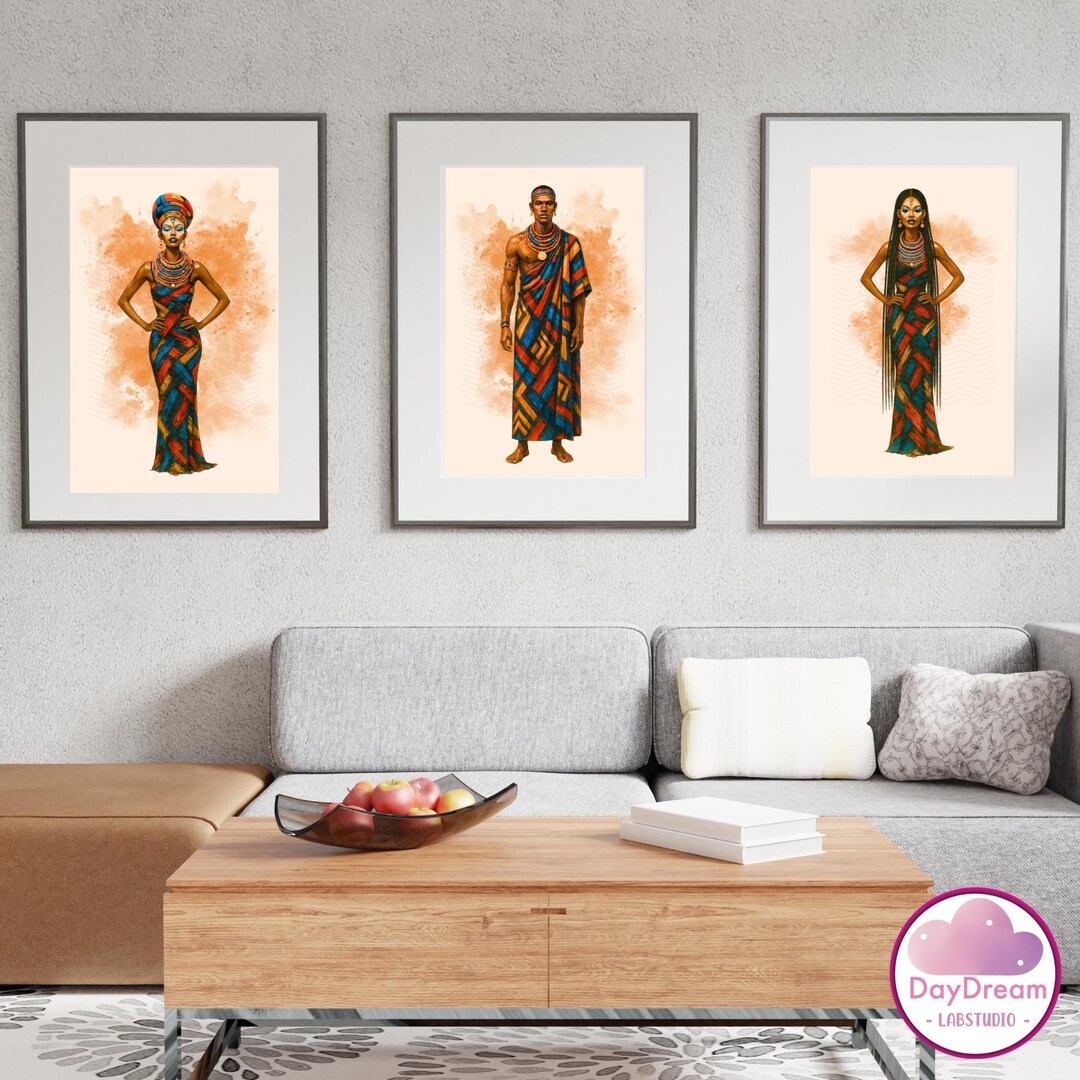 Afrocentric Wall Art Set of 3, African Fashion Watercolor Prints ...
