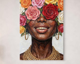 Black Woman Roses Head Wall Art, African American Woman for Modern Home Decor