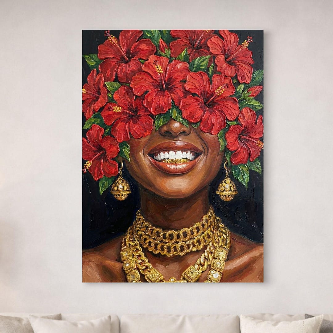 Black Woman Hibiscus Head Wall Art, African American Woman Floral Decor ...