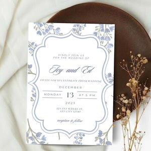 Azure-romantische bruiloftsuitnodiging | Bewerkbare sjabloon | RSVP + Details + Save the Date + Envelopvoering | 2 kleuropties: