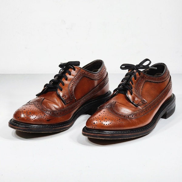 Florsheim Vintage Shoe Wingtip Oxfords Pebbled Brown Leather 75676 Size 7.5 D PREOWNED