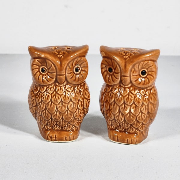 Vintage Ceramic Owl Salt & Pepper Shakers 3” Stoppers 1970's Brown Retro MCM