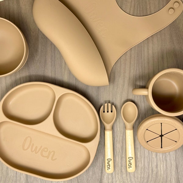 Personalisierte Silikon Baby Weaning Set | Silikon Lätzchen | Personalisiertes Entwöhnungsset für Kleinkinder | Baby Stillset | Baby-Dusche-Geschenk