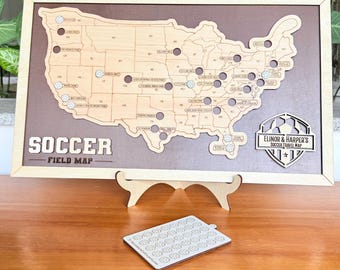 Personalized Wooden Soccer Stadium Travel Map | MLS Fan Gift