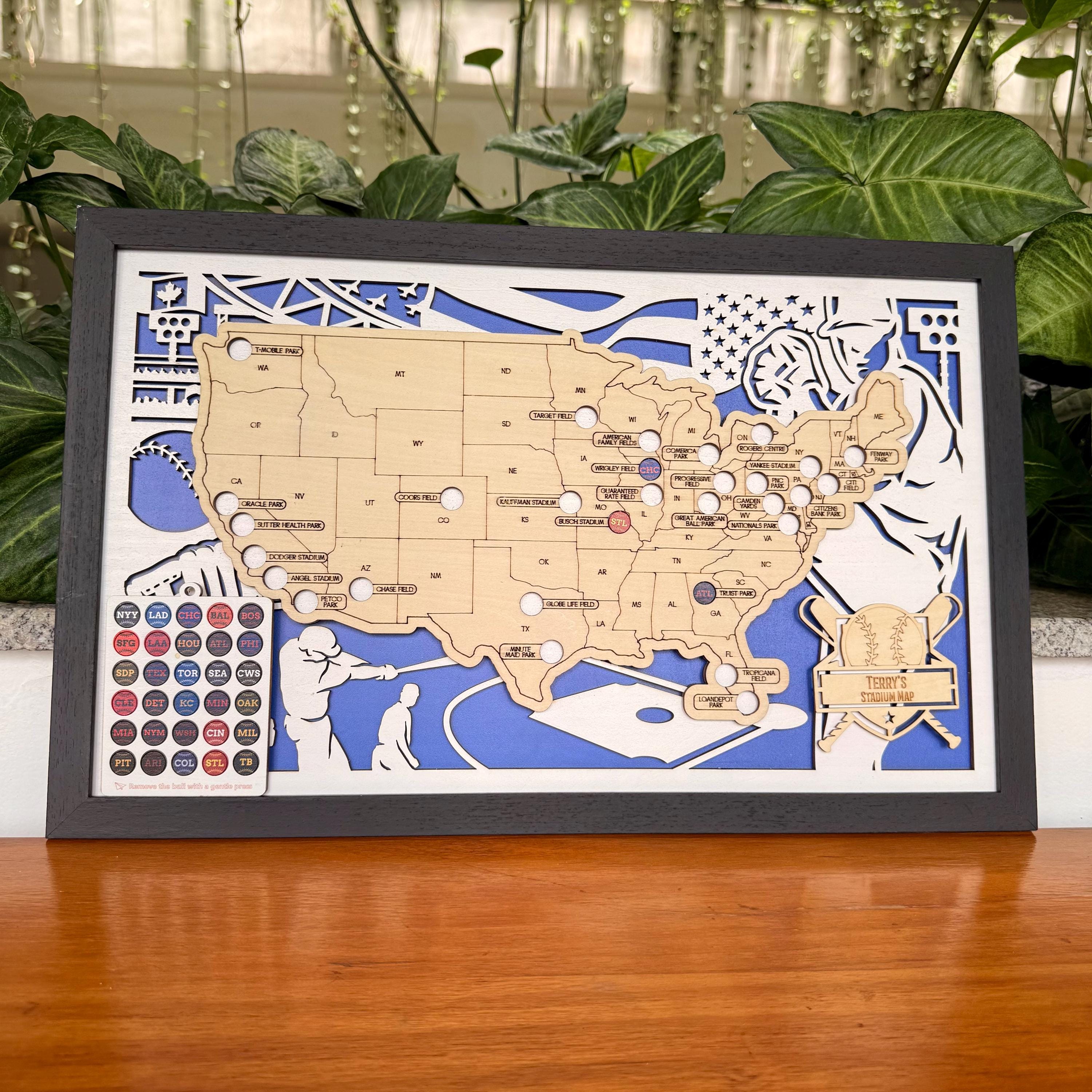 Personalized Baseball Stadium Travel Map | Wooden MLB Ballpark Bucket ...