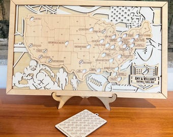 Personalized NFL Stadium Travel Map: Wooden Football Fan Gift