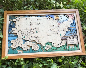 Personalized National Parks Wooden Travel Map: Adventure Checklist Wall Art