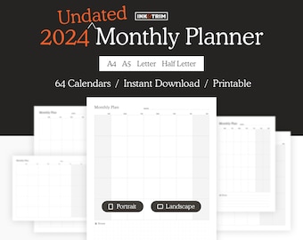 May include: A printable, undated 2024 monthly planner in A4, A5, Letter, and Half Letter sizes. The planner is available in portrait and landscape orientations. The image shows a sample page of the planner with a grid layout.