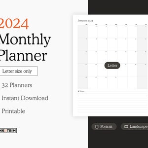 Planificador Mensual 2024 Tamaño Carta, Calendario de 12 Meses, Descarga Instantánea, Imprimible, PDF